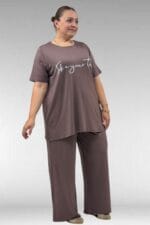 68504 Büyük Beden Kısakol Baskılı Penye Tunik - Vizon - Large Moda - Görsel 3
