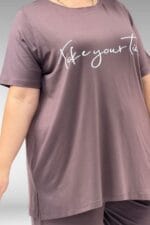 68504 Büyük Beden Kısakol Baskılı Penye Tunik - Vizon - Large Moda - Görsel 2