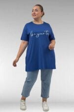 68504 Büyük Beden Kısakol Baskılı Penye Tunik - İndigo - Large Moda - Görsel 3