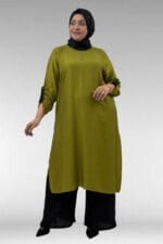 67049 Büyük Beden Yanı Yırtmaçlı Renk Kombinli Pant. Double Tensel Takım - Yağ Yeşili - Large Moda - Görsel 3