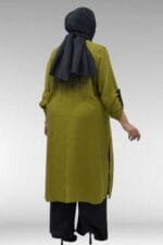67049 Büyük Beden Yanı Yırtmaçlı Renk Kombinli Pant. Double Tensel Takım - Yağ Yeşili - Large Moda - Görsel 5