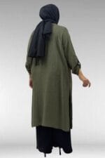 67049 Büyük Beden Yanı Yırtmaçlı Renk Kombinli Pant. Double Tensel Takım - Haki - Large Moda - Görsel 5