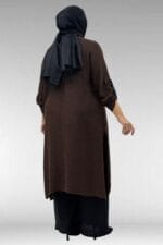 67049 Büyük Beden Yanı Yırtmaçlı Renk Kombinli Pant. Double Tensel Takım - Kahve - Large Moda - Görsel 5