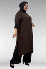 67049 Büyük Beden Yanı Yırtmaçlı Renk Kombinli Pant. Double Tensel Takım - Kahve - Large Moda - Görsel 3