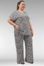 67802 Büyük Beden Yanı Yırtmaçlı Milan Pijama Takımı - Kırmızı Kurdele Desenli - Large Moda - Görsel 3
