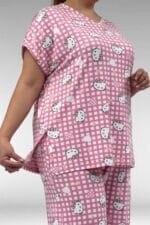 67802 Büyük Beden Yanı Yırtmaçlı Milan Pijama Takımı - Kedi Desenli - Large Moda - Görsel 2