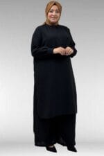 57029 Büyük Beden Yarım Patlı Yırtmaçlı Pantolonlu Takım - Siyah - Large Moda - Görsel 5