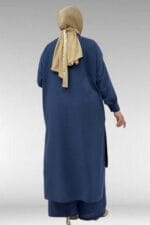 57029 Büyük Beden Yarım Patlı Yırtmaçlı Pantolonlu Takım - Lacivert - Large Moda - Görsel 6