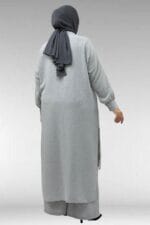 57029 Büyük Beden Yarım Patlı Yırtmaçlı Pantolonlu Takım - Gri - Large Moda - Görsel 6