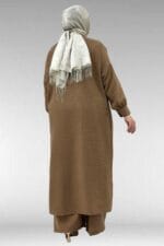 57029 Büyük Beden Yarım Patlı Yırtmaçlı Pantolonlu Takım - Taba - Large Moda - Görsel 6