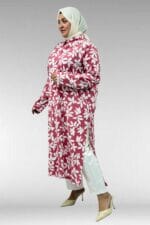 68045 Büyük Beden Kolu Kıvırma Detaylı Mango Tunik - Yaprak Desen Pembe - Large Moda - Görsel 3