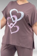 67803 Büyük Beden Yanı Yırtmaçlı Penye Pijama Takımı - Vizon - Large Moda - Görsel 2