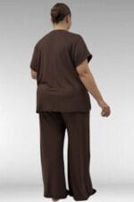 67804 Büyük Beden Yanı Yırtmaçlı Penye Pijama Takımı - Kahve - Large Moda - Görsel 5