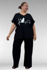 67804 Büyük Beden Yanı Yırtmaçlı Penye Pijama Takımı - Siyah - Large Moda - Görsel 3