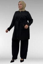 67046 Büyük Beden Fermuar Detaylı Airobin Pantolonlu Takım - Siyah - Large Moda - Görsel 3