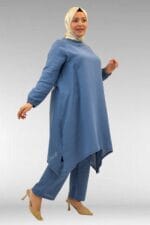 67044 Büyük Beden Asimetrik Kesim Pantolonlu Müslin Takım - Soğuk Mavi - Large Moda - Görsel 5