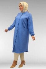 68017 Büyük Beden Hakim Yakalı Kolları Lastikli Tunik - İndigo - Large Moda - Görsel 4