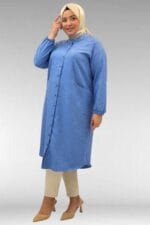 68017 Büyük Beden Hakim Yakalı Kolları Lastikli Tunik - İndigo - Large Moda - Görsel 5