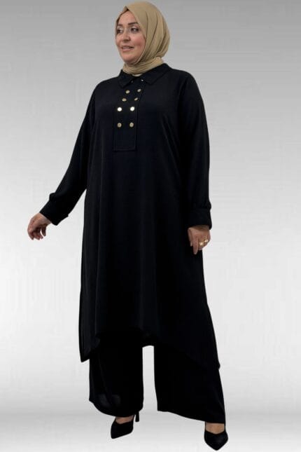 57023 Büyük Beden Pat Üzerinde Çakma Çıtçıtlı Pantolonlu Takım - Siyah
