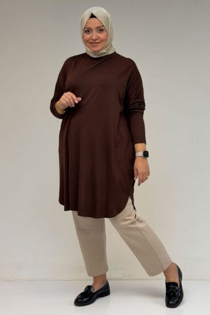 38111 Büyük Beden Basic Penye Tunik - Kahve