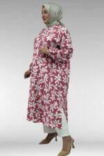 Büyük Beden Hakim Yaka Boydan Düğmeli Mango Tunik - Yaprak Desen Pembe - 68046 - Görsel 3