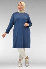 38501 Büyük Beden Basic Penye Tunik - İndigo - Large Moda - Görsel 4