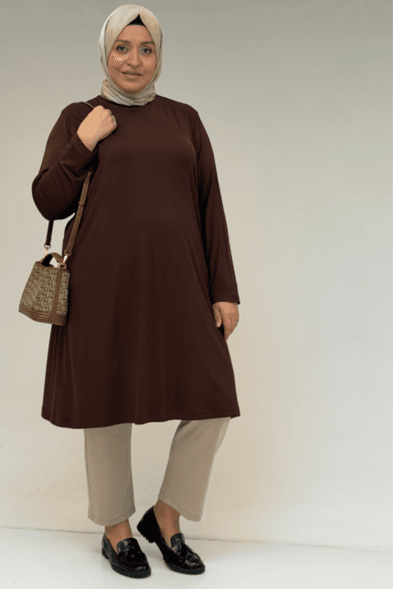 38501 Büyük Beden Basic Penye Tunik - Kahverengi