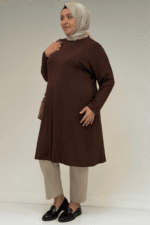 38501 Büyük Beden Basic Penye Tunik - Kahverengi - Large Moda - Görsel 4