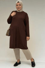 38501 Büyük Beden Basic Penye Tunik - Kahverengi - Large Moda - Görsel 2