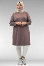 Büyük Beden Basic Penye Tunik - Vizon - 38501 - Görsel 4