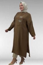 68044 Büyük Beden Taş Baskı Detaylı Double Tensel Tunik - Taba - Large Moda - Görsel 4