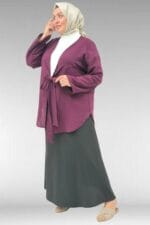 63011 Büyük Beden Bağlamalı Robalı Ceket - Bordo - Large Moda - Görsel 2