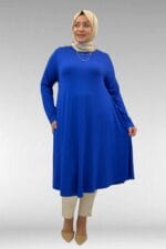 Büyük Beden Penye Mevlana Tunik - Saks - 28016 - Görsel 4