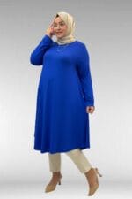 Büyük Beden Penye Mevlana Tunik - Saks - 28016 - Görsel 5
