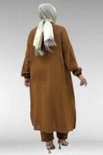 Büyük Beden Kolları Lastikli Boydan Düğmeli Müslin Pantolonlu Takım - Taba - 57044 - Görsel 5