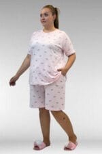 Büyük Beden Desenli Şort-Tişört Pijama Takımı - Antrasit Kurdele Desenli - 67805 - Görsel 3