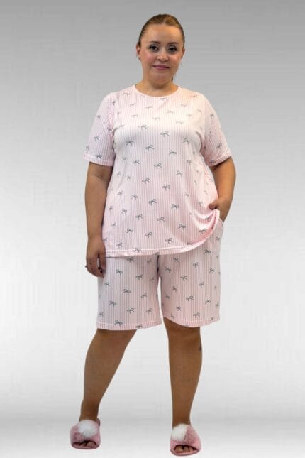 67805 Büyük Beden Desenli Şort-Tişört Pijama Takımı - Antrasit Kurdele Desenli