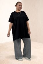 68507 Büyük Beden Uzun İnce Modal Tişört - Siyah - Large Moda - Görsel 4