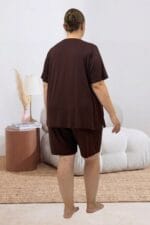 Büyük Beden Baskılı Şort-Tişört Pijama Takımı - Kahve - 67807 - Görsel 5