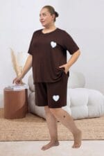 Büyük Beden Baskılı Şort-Tişört Pijama Takımı - Kahve - 67807 - Görsel 4