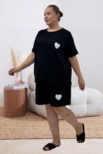Büyük Beden Baskılı Şort-Tişört Pijama Takımı - Siyah - 67807 - Görsel 4