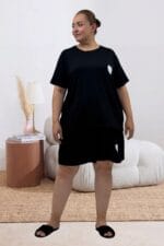 Büyük Beden Baskılı Şort-Tişört Pijama Takımı - Siyah - 67807 - Görsel 5