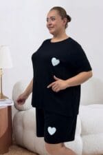 Büyük Beden Baskılı Şort-Tişört Pijama Takımı - Siyah - 67807 - Görsel 2