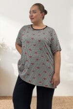 Büyük Beden Üstü Desenli Kombinli Milan-Modal Pijama Takımı - Kırmızı Kurdele Desenli - 67809 - Görsel 2