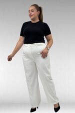 Büyük Beden Beli Düğmeli Double Pantolon - Ekru - 29021 - Görsel 2