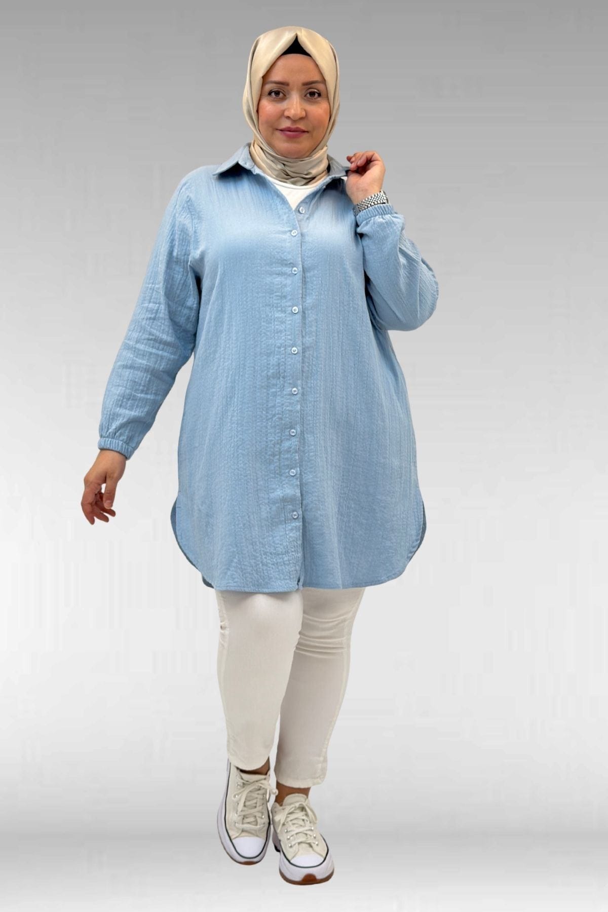 58091 Büyük Beden Kolları Lastikli Müslin Gömlek - Bebe Mavi 58091 Büyük Beden Kolları Lastikli Müslin Gömlek - Bebe Mavi