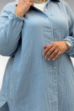 58091 Büyük Beden Kolları Lastikli Müslin Gömlek - Bebe Mavi - Large Moda - Görsel 2