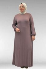 Büyük Beden Kolu Lastikli Elbise - Vizon - 22008 - Görsel 2