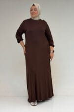 Büyük Beden Kolu Lastikli Penye Elbise - Kahve - 22008 - Görsel 2
