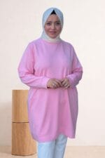 68052 Büyük Beden Kendi Kumaşından Ribanalı Modal Tunik - Pembe
